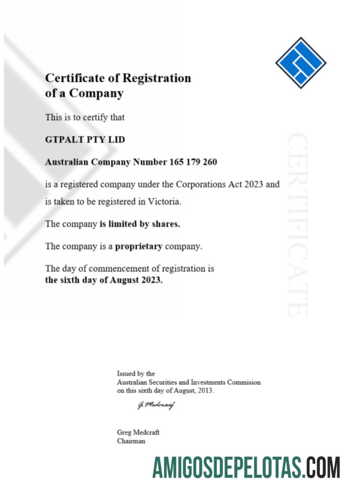 Certificado GTPALT de registro de empresa em branco da Austrália modelo Word e PDF